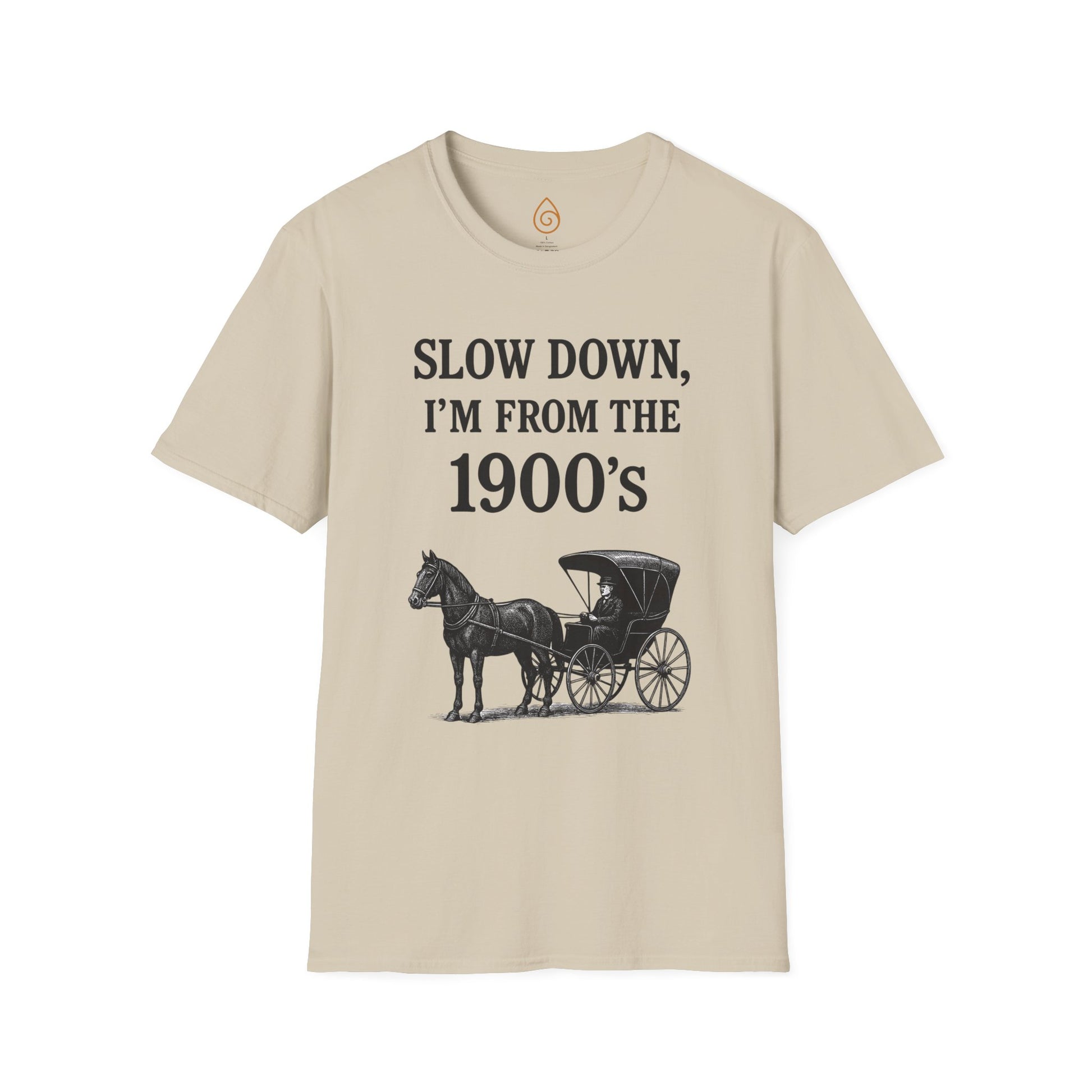 Vintage Horse and Buggy Unisex Softstyle T-Shirt, Retro Tee for History Buffs, Slow Down I'm from the 1900s Shirt, Black and White Graphic