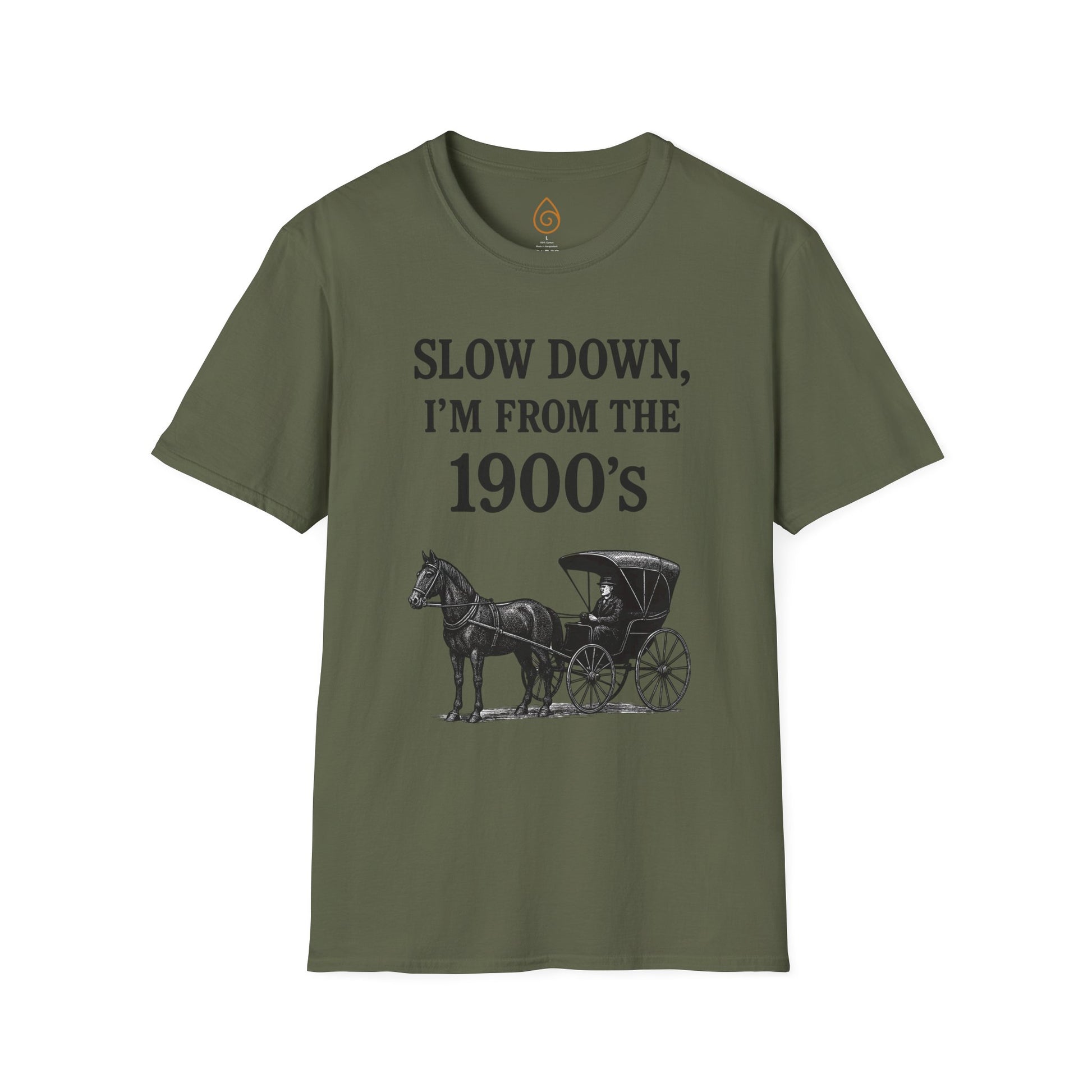 Vintage Horse and Buggy Unisex Softstyle T-Shirt, Retro Tee for History Buffs, Slow Down I'm from the 1900s Shirt, Black and White Graphic