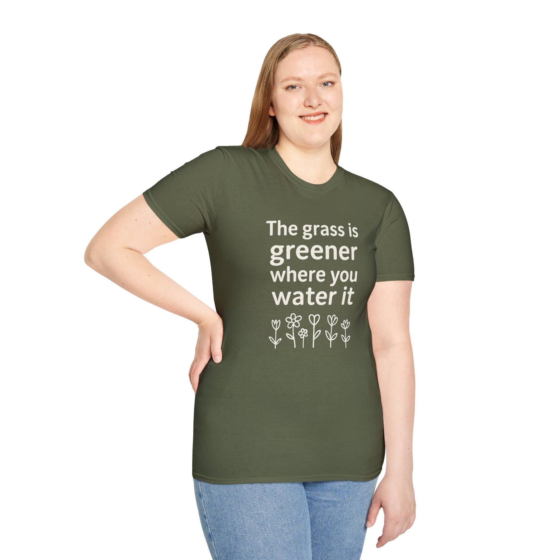 Greener Grass Unisex Softstyle T-Shirt, Plant Lover Tee, Positive Vibes Shirt, Inspirational Quote Top, Nature Lover Gift