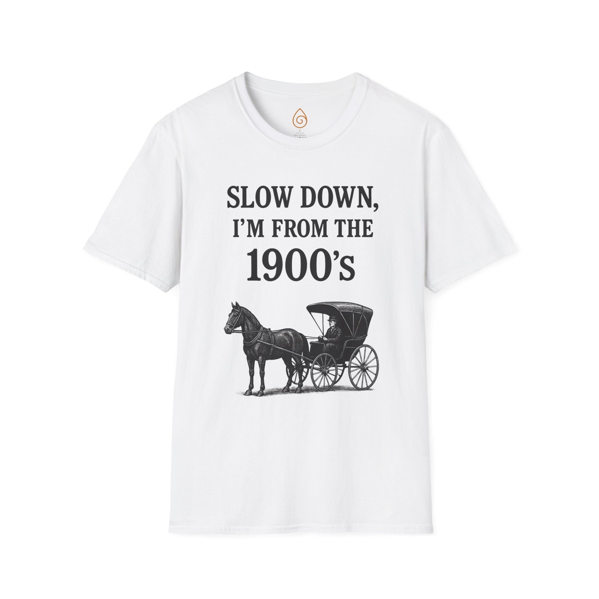 Vintage Horse and Buggy Unisex Softstyle T-Shirt, Retro Tee for History Buffs, Slow Down I'm from the 1900s Shirt, Black and White Graphic