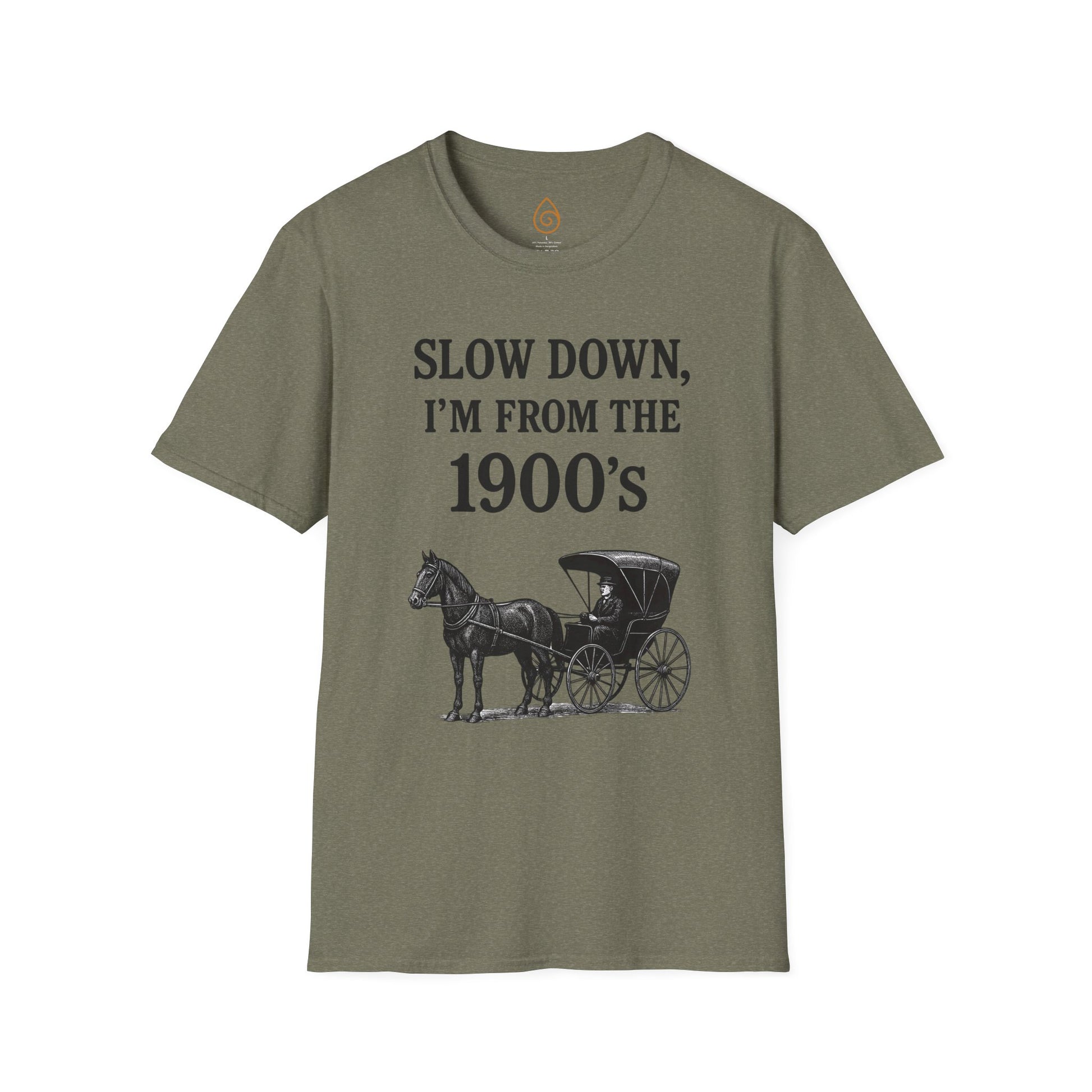 Vintage Horse and Buggy Unisex Softstyle T-Shirt, Retro Tee for History Buffs, Slow Down I'm from the 1900s Shirt, Black and White Graphic
