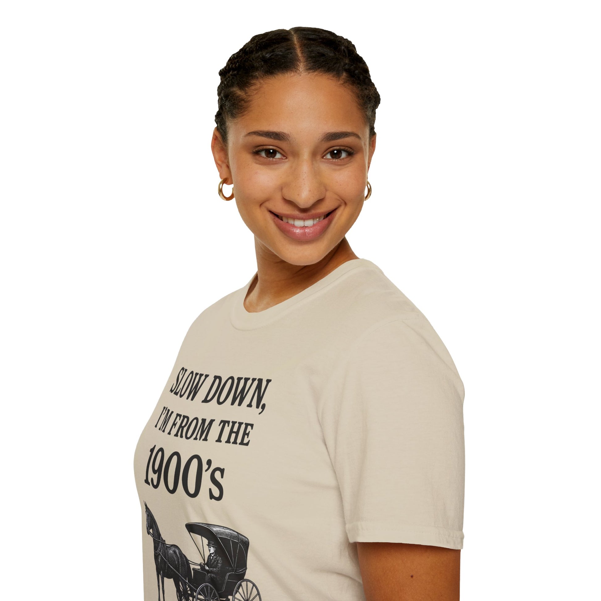 Vintage Horse and Buggy Unisex Softstyle T-Shirt, Retro Tee for History Buffs, Slow Down I'm from the 1900s Shirt, Black and White Graphic