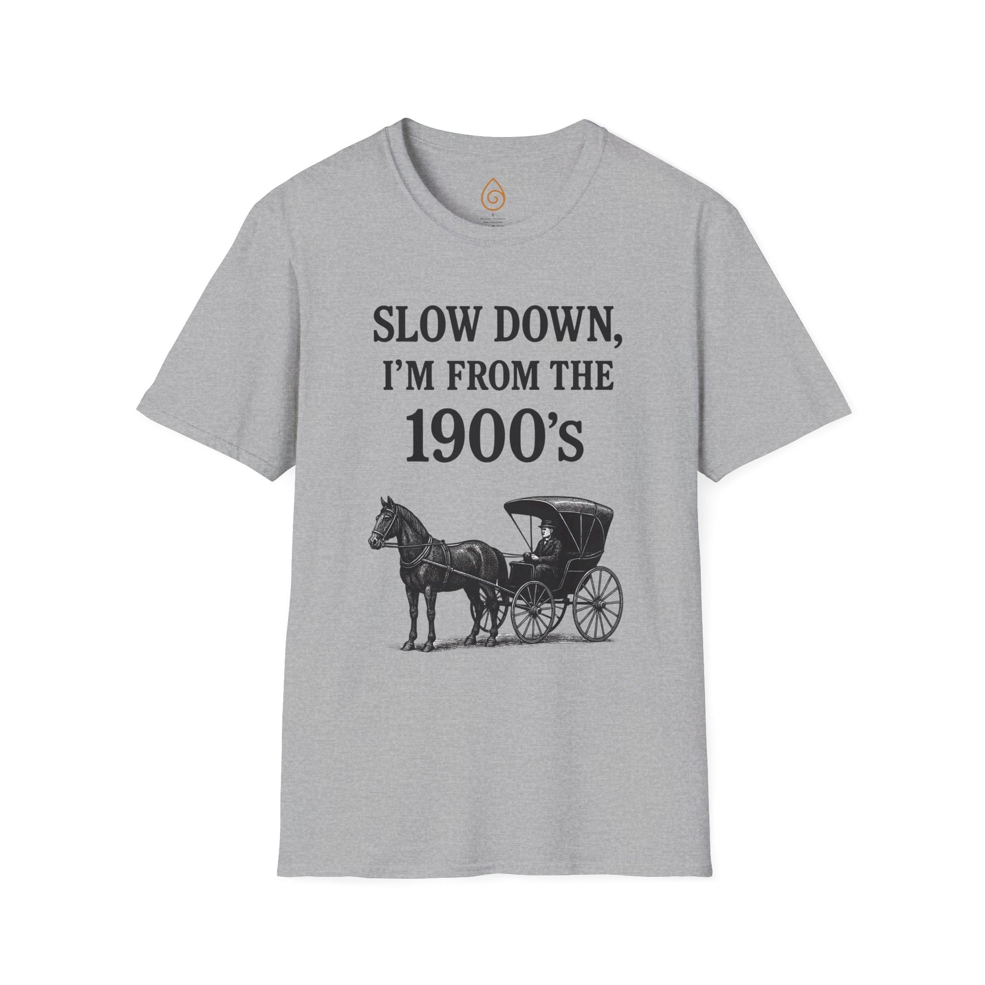 Vintage Horse and Buggy Unisex Softstyle T-Shirt, Retro Tee for History Buffs, Slow Down I'm from the 1900s Shirt, Black and White Graphic
