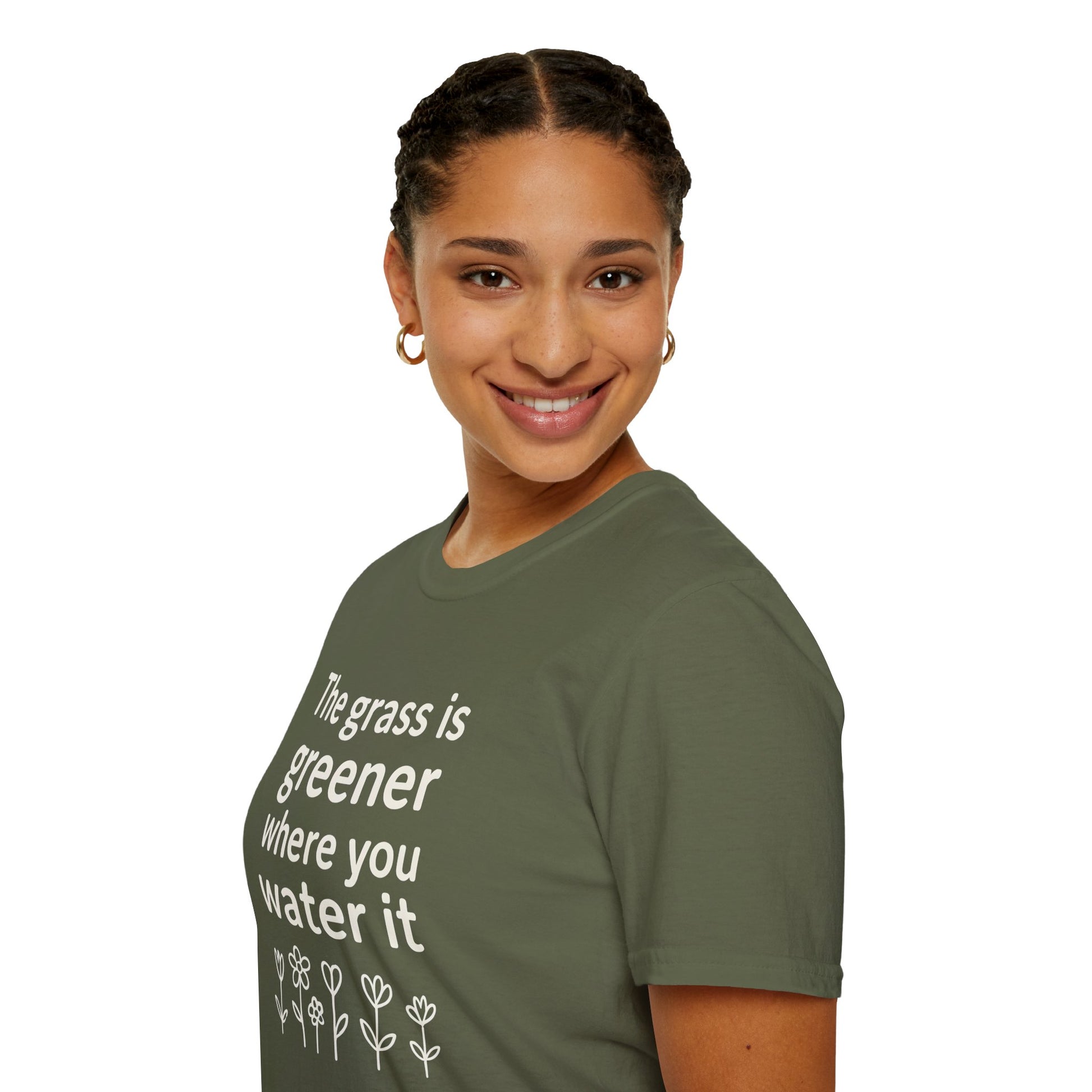 Greener Grass Unisex Softstyle T-Shirt, Plant Lover Tee, Positive Vibes Shirt, Inspirational Quote Top, Nature Lover Gift