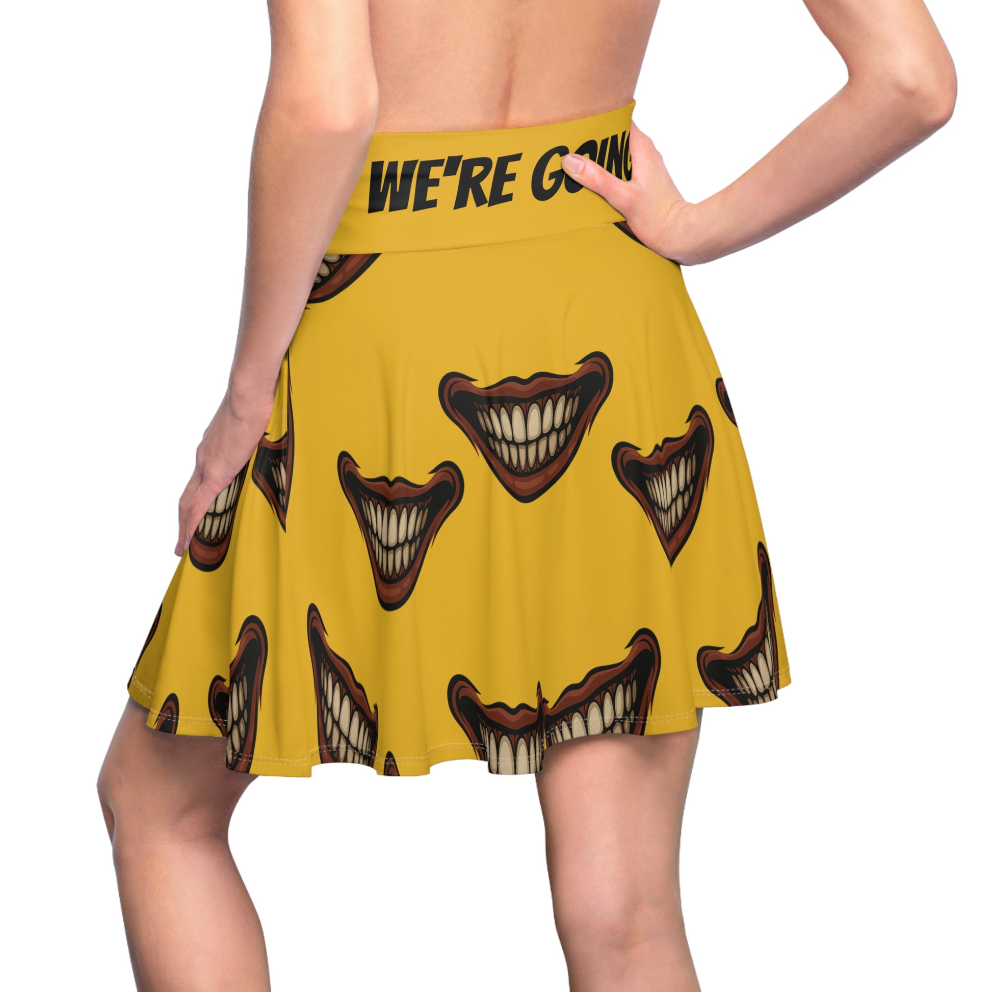 Creepy Smile Yellow Graphic Women's Skater Skirt, Casual Skirt for Summer, Festival Wear, Unique Gift Idea, Trendy Skater Skirt