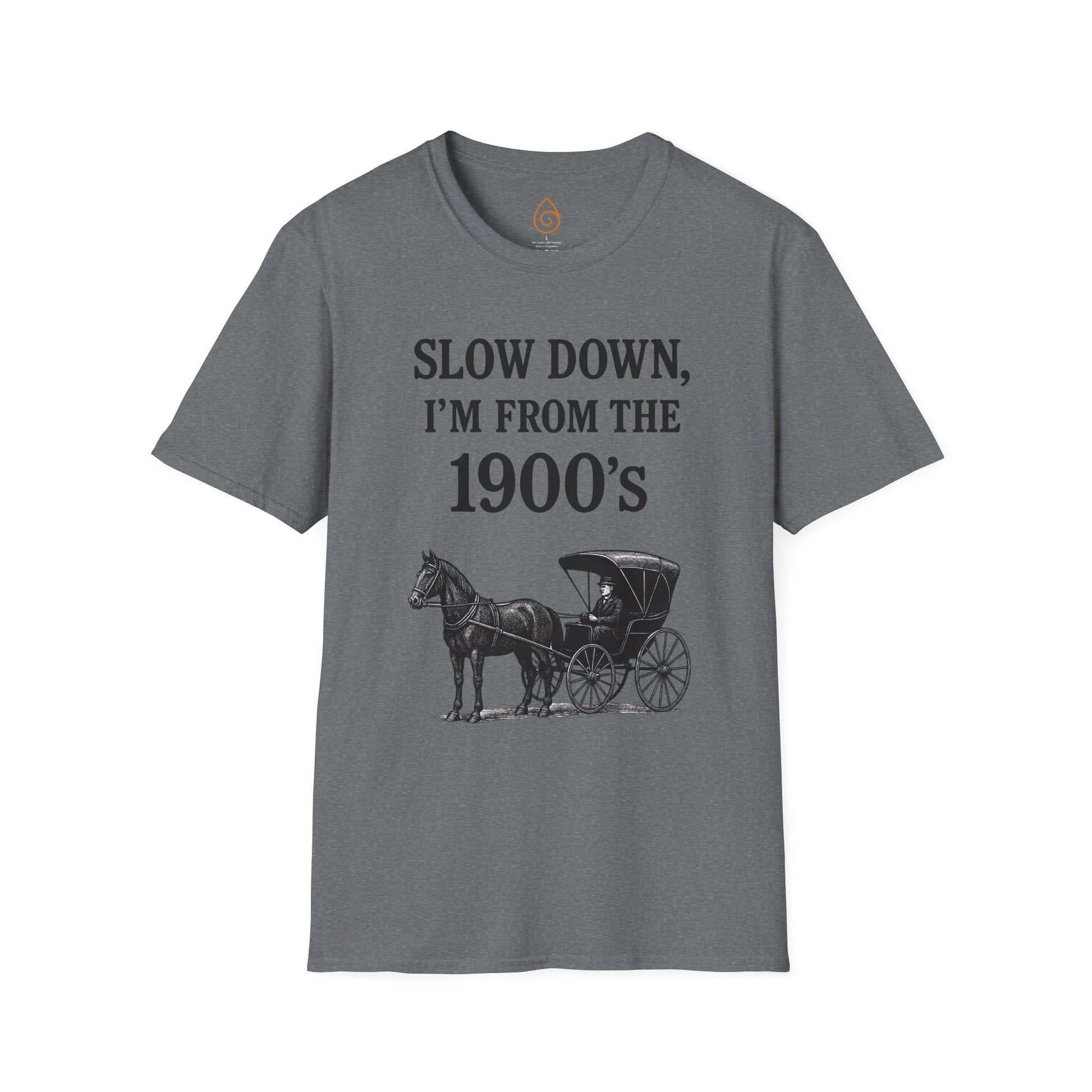 Vintage Horse and Buggy Unisex Softstyle T-Shirt, Retro Tee for History Buffs, Slow Down I'm from the 1900s Shirt, Black and White Graphic